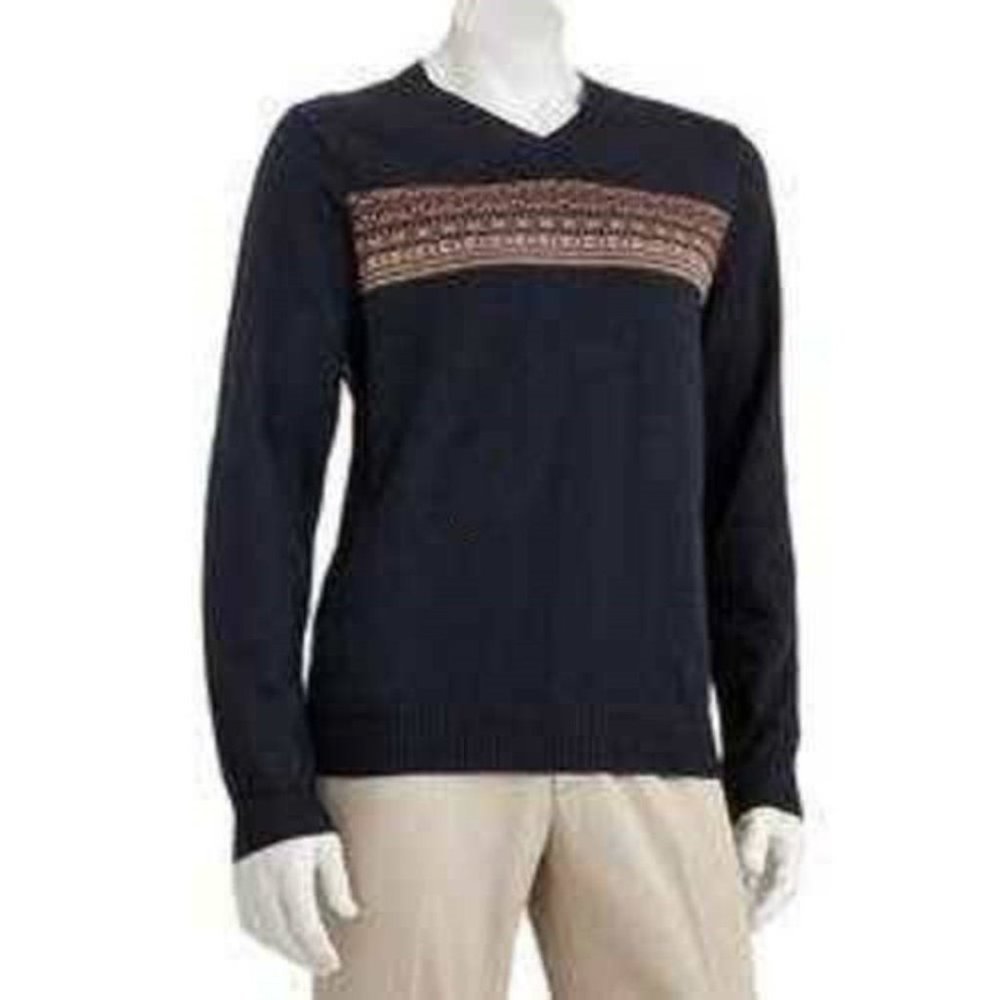 Arrow Sweater Mens L Blue Fairisle Long Sleeve V-Neck Cotton Ribbed Trim